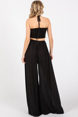 Black Smocked Drawstring Halter Side Cutout Jumpsuit