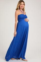 Royal Blue Smocked Halter Maternity Maxi Dress