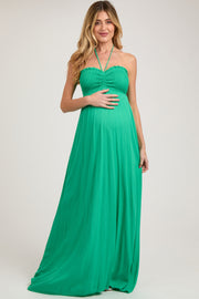 Green Smocked Halter Maternity Maxi Dress