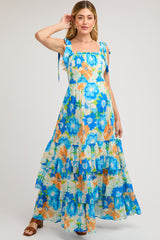 Blue Floral Smocked Shoulder Strap Maternity Maxi Dress