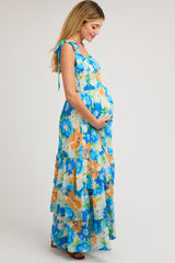 Blue Floral Smocked Shoulder Strap Maternity Maxi Dress