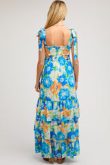 Blue Floral Smocked Shoulder Strap Maternity Maxi Dress