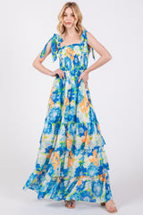 Blue Floral Smocked Shoulder Strap Maternity Maxi Dress