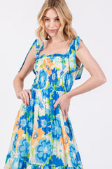 Blue Floral Smocked Shoulder Strap Maxi Dress