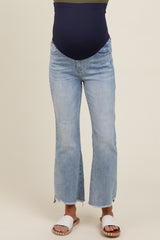 Light Blue Fringe Hem Maternity Crop Flare Jeans