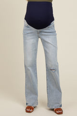 Light Blue Acid Wash Open Knee Maternity Bootcut Jeans