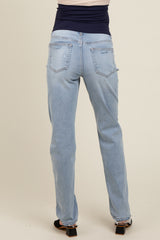 Light Blue Distressed Hem Straight Leg Maternity Jeans