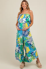 Multi-Color Palm Strapless Ruffle Wide Leg Maternity Jumpsuit