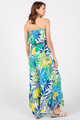 Multi-Color Palm Strapless Ruffle Wide Leg Jumpsuit