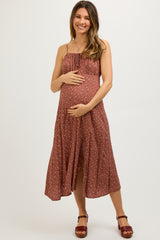 Rust Ditsy Floral Side Slit Maternity Midi Dress