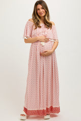 Peach Tile Off Shoulder Tassel Edge Maternity Maxi Dress