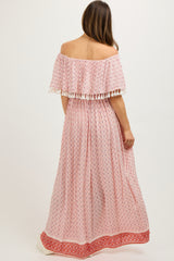 Peach Tile Off Shoulder Tassel Edge Maternity Maxi Dress