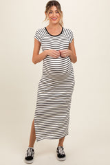 White Black Striped Side Slit Fitted Maternity Maxi Dress