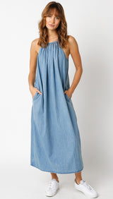 Denim Sleeveless Shift Midi Dress