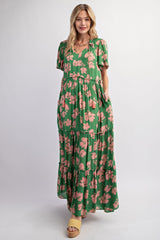 Green Floral Ruffle Neck Tiered Maxi Dress