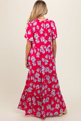 Coral Floral Ruffle Neck Tiered Maternity Maxi Dress