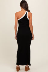 Black Contrast One Shoulder Maternity Maxi Dress