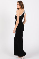 Black Contrast One Shoulder Maxi Dress