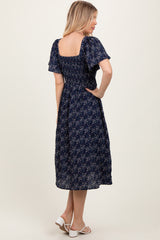 Navy Floral Square Neck Smocked Maternity Midi Dress