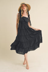 Black Tiered Tie Strap Midi Dress