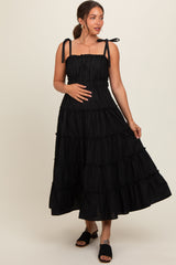 Black Tiered Tie Strap Maternity Midi Dress