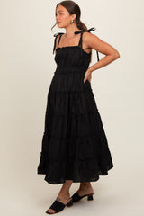 Black Tiered Tie Strap Maternity Midi Dress