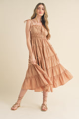 Camel Tiered Tie Strap Midi Dress