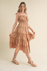 Camel Tiered Tie Strap Midi Dress