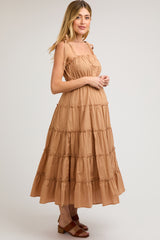 Camel Tiered Tie Strap Maternity Midi Dress