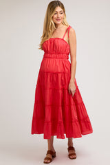 Red Tiered Tie Strap Maternity Midi Dress