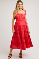 Red Tiered Tie Strap Maternity Midi Dress