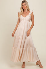 Cream Satin Ruffle Strap Tiered Maxi Dress