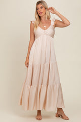 Cream Satin Ruffle Strap Tiered Maxi Dress