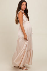 Cream Satin Ruffle Strap Tiered Maternity Maxi Dress