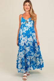 Royal Tropical Floral Open Back Maternity Maxi Dress