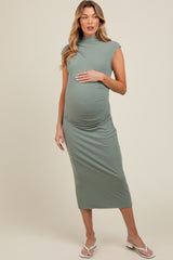 Light Olive Ribbed Maternity Ruched Midi Dress