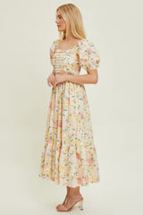 Ivory Floral Pleated Puff Sleeve Midi Dress