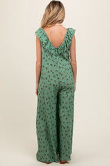 Green Floral Ruffle Accent Wide Leg Maternity Jumpsuit