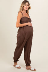 Brown Gauze Button Front Smocked Shoulder Tie Maternity Jumpsuit