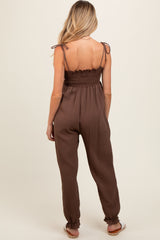 Brown Gauze Button Front Smocked Shoulder Tie Maternity Jumpsuit