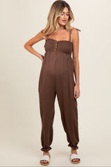 Brown Gauze Button Front Smocked Shoulder Tie Maternity Jumpsuit