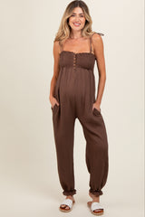 Brown Gauze Button Front Smocked Shoulder Tie Maternity Jumpsuit