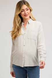 Grey Striped Basic Button Down Maternity Top