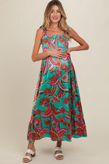 Turquoise Printed Smocked Bodice Maternity Maxi Dress