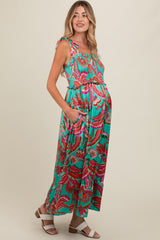 Turquoise Printed Smocked Bodice Maternity Maxi Dress