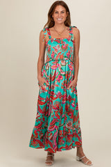 Turquoise Printed Smocked Bodice Maxi Dress