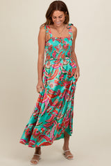 Turquoise Printed Smocked Bodice Maxi Dress