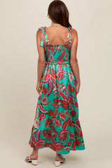 Turquoise Printed Smocked Bodice Maxi Dress