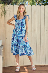 Blue Floral Ruffle Strap Maternity Midi Dress