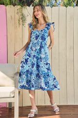 Blue Floral Ruffle Strap Midi Dress